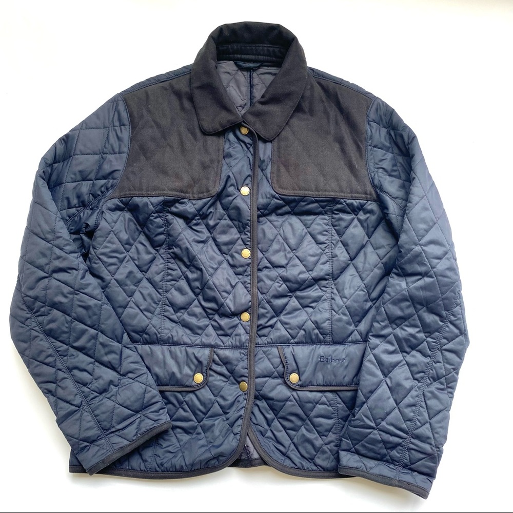 Barbour Navy Quilted Jacket with Suede - Size 10